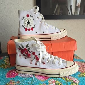 Converse Women's Hand Embrioded White High-Top Sneakers Red Roses